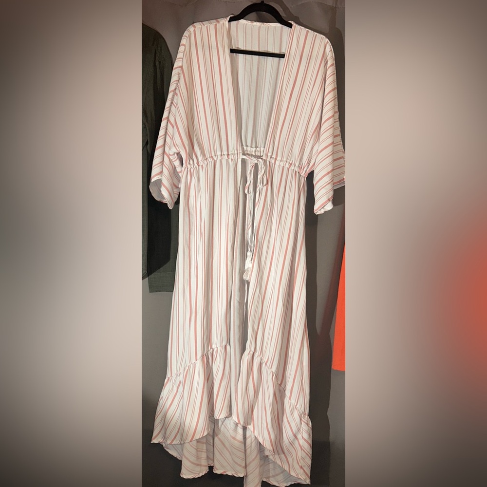 Main Strip Pink Stripe Boho Kimono Cover Up Small Tassel Tie